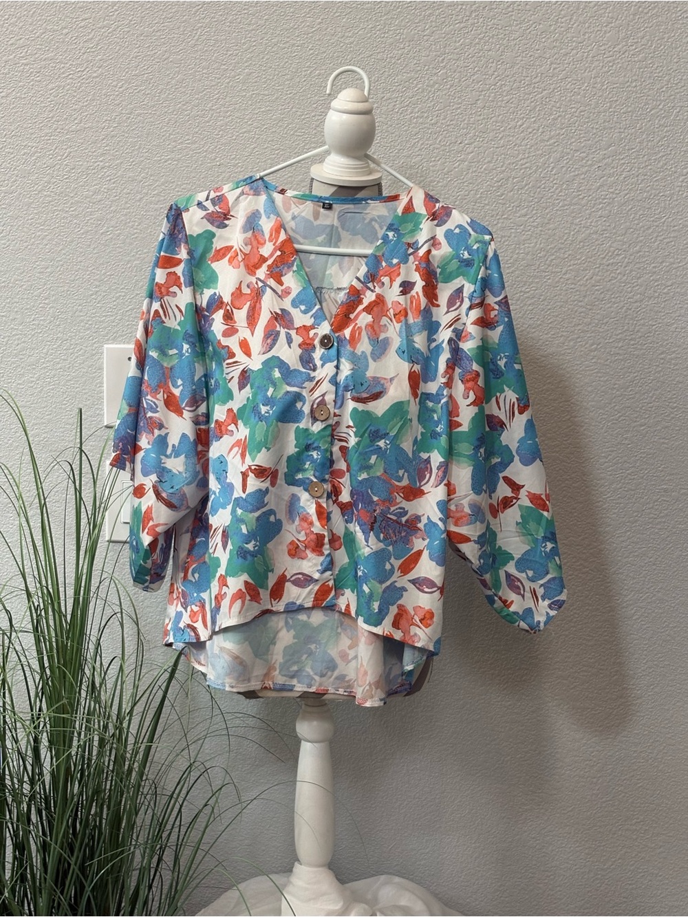 Floral Button-Front V-Neck Blouse in White with Blue & Coral Print